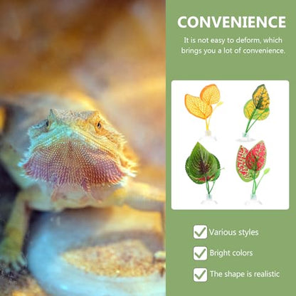 Hemoton 4pcs Artificial Reptile Terrarium Plants Leaves Decorations with Suction Cups, Vivid Landscaping Leaves for Turtle Lizard Chameleon Snake Habitat, Pet Box Ornament