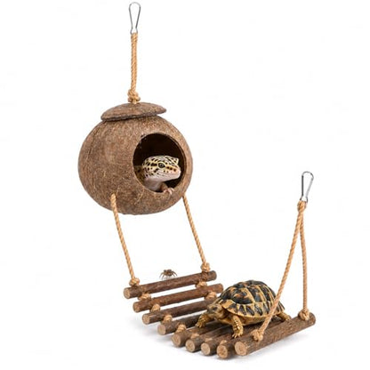 Homoyoyo Crested Gecko Coconut Hide with Ladder, Natural Reptile Hideout and Lizard Shelter Hanging Reptile Hideout Coconut Shell Hut for Lizard Tank Accessories, Terrarium Cave for Leopard Gecko