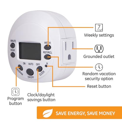 GE 7-Day Programmable Indoor Digital Timer, 1 Grounded Outlet, Weekly / 7 Day Cycle Plug for Electrical Outlets, 125 VAC Light, Plug, Lamp, White, 1 Pack, 15150