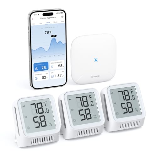 X-Sense WiFi Thermometer Indoor Hygrometer, Digital Temperature Sensor with App Notification Alerts, Temperature Humidity Meter for Room, Data Storage Export at No Charge, 3 Sensors & 1 Base Station - color: White, size: Digital, 3-Pack with 1 Base Statio