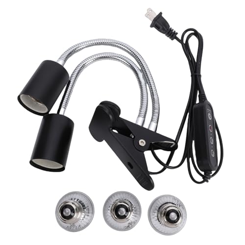 Focket Timed Reptile Heat Lamp, Dual Head 360 Degree Gooseneck Tank Heater, Reptile Lamp with 2 4 8 Hour Timer UVA UVB Bulbs for Tortoise Bearded Dragon Lizards (US Plug)