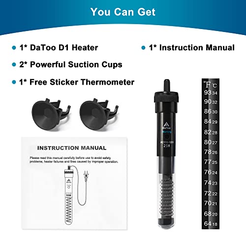 DaToo Aquarium Heater Adjustable 25W Submersible Fish Tank Heater with Electronic Chip Thermostat Suitable for Marine Saltwater and Freshwater - size: 25Watt