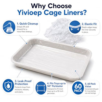 60 Pack Disposable Small Animal Cage Liners with Elastic Edge - Fits Trays up to 50" Perimeter (e.g. 15"x10") - Rabbit Litter Box Liners & Easy Clean Bunny Supplies