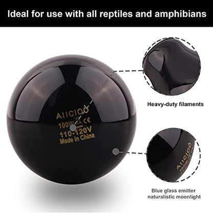 Aiicioo Reptile Heat Lamp - 100 Watt Reptile Night Heat Bulb Terrarium Moon-Like Light Bulbs for Reptiles Bearded Dragon Gecko Snake Turtle Lizard Tank - size: 100 W