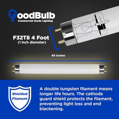 GoodBulb 32-Watt 48 Inch T8 Fluorescent Light Bulb 5000K Daylight White Light Color Medium Bi-Pin Base 3050 Lumens 86 CRI 24000 Life Hours Instant/Programmed Start (Pack of 25 Bulbs) - color: 5000k