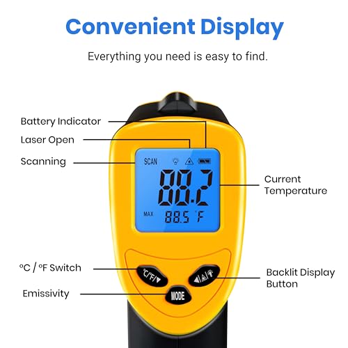Etekcity Infrared Thermometer Laser Temperature Gun, -58°F to 1130°F | Adjustable Emissivity, MAX Display, Pizza Oven, BBQ, Meat, Candy, HVAC, Refrigerator, Non-Contact Temperature Measurement - color: Laser Yellow, style: Advanced