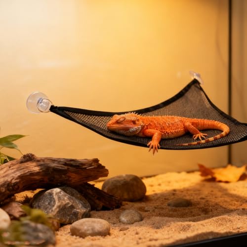 Bearded Dragon Hammock, 2 Sets Breathable Reptile Mesh Hammock with Suction Cups, Reptile Accessories Hideout for Iguanas, Lizards, Geckos, Snakes, Chameleons (Black)