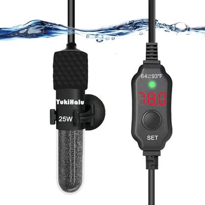 YukiHalu Small Submersible Aquarium Heater, Adjustable Mini Fish Tank Heater 25W 50W 100W 200W 300W with External Temperature Controller, LED Display, Used for 5/10/20/40/60 Gallons (25 Watts) - size: 25 Watts