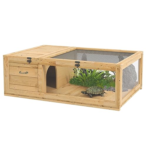 Kaimei Wooden Tortoise House, Reptile Enclosure with Viewing Windows - Indoor/Outdoor Habitat for Turtles, Lizards, Geckos
