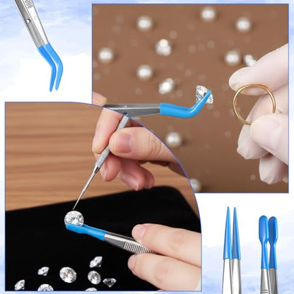 3PCS Rubber Tipped Tweezers, Blue Silicone Craft Tweezers Kit for Jewelry-Making Sticker Stamps, Metal Precision Tweezers for Crafting & Stamp Collecting Supplies