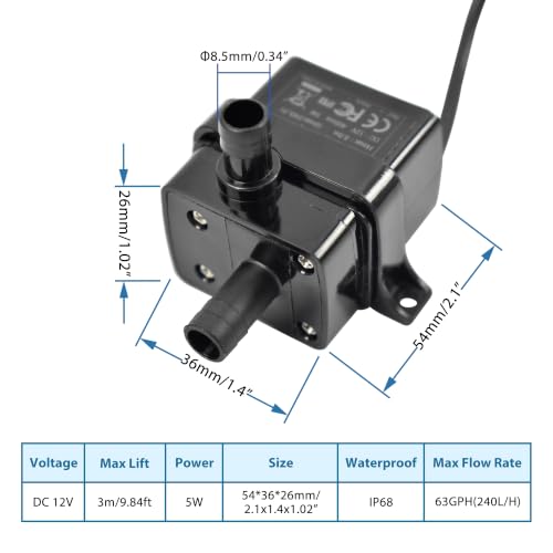 CONQUERALL Fountain Pump DC 12V 63GPH 9.8ft 5W Submersible Pump with 3.3ft Tubing for Solar Water Heater Circulation - color: 12v 5w 240l/H 3m Head