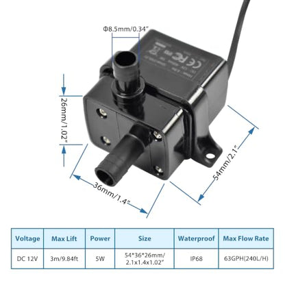 CONQUERALL Aquarium Circulation Pump DC 12V 63GPH 9.8ft 5W for DIY PC Water Cooling - color: 12v 5w 240l/H 3m Head, size: 1PC