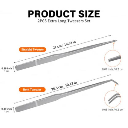 2PCS Reptile Feeding Tongs 10.6 Inch, Straight and Curved Stainless Steel Tweezers for Bearded Dragon, Snake, Gecko, Amphibian Health & Terrarium Maintenance