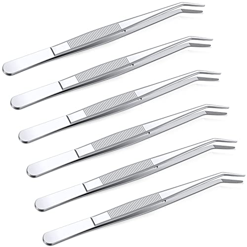 Honoson 6 Pcs Stainless Steel Tweezers for Crafting with Curved Serrated Tip Multipurpose Forceps Sewing Machine Tweezers Bulk (Silver) - color: Silver