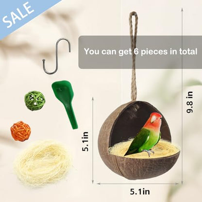 kathson Natural Coconut Shell Bird Nest,Hanging Coconut for Birds Parakeet Coconut Hut Coco Shell Bird House Cage Accessories Decoration for Parrots Lovebird Parakeets Finch Canary - size: [M:9.8 x 5.1 x 5.1 lnches]