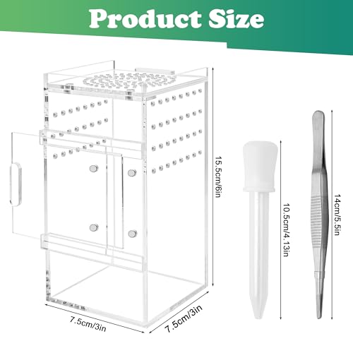 Jumping Spider Enclosure, 3x3x6 Inch Acrylic Terrarium with Magnet Opening Door & Tweezers, Suitable for Tarantula & Praying Mantis