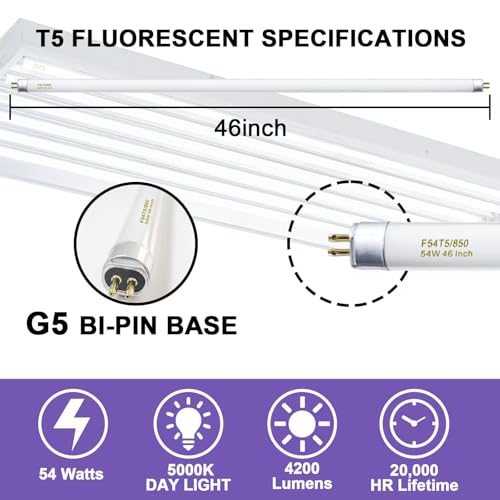 Konideke 46 Inches T5 Fluorescent Bulb 54W, F54T5/850/HO 54 Watt T5 High Output 5000K Fluorescent Tube, 25 Pack, G5 Base, 4200 Lumens, CRI 82
