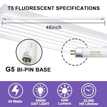 Konideke 46 Inches T5 Fluorescent Bulb 54W, F54T5/850/HO 54 Watt T5 High Output 5000K Fluorescent Tube, 25 Pack, G5 Base, 4200 Lumens, CRI 82