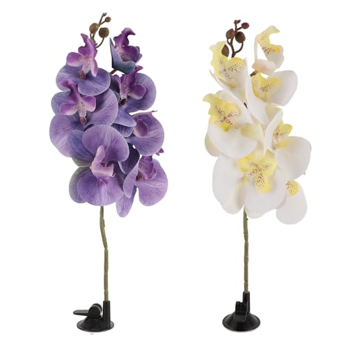 2pcs Artificial Terrarium Plant, Aquarium Reptile Plant with Suction Cup Bendable Terrarium Decoration Plant Flower for Aquarium Lizards Spiders Snakes