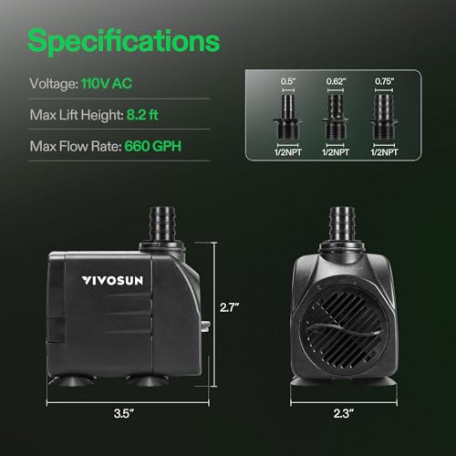VIVOSUN 660GPH Submersible Water Pump, 2500L/H 35W aquarium pump, Ultra Quiet Fountain Pump with 8.2ft/2.5m High Lift for Fish Tank, Pond, Aquarium, Statuary, Hydroponics - size: 6"×4"-660