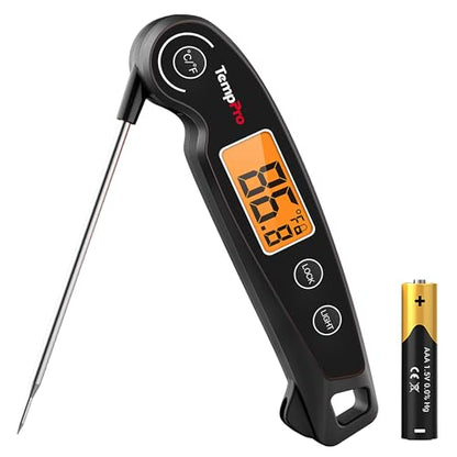 TempPro TP605 Instant Read Meat Thermometer for Cooking, Waterproof Digital Food Thermometer with Large Backlit LCD, Kitchen Thermometer for Grilling, Smoking & Candy Making (Previously ThermoPro) - color: Black