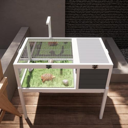 KEIKI Tortoise House with Lamp Holder, Wooden Turtle Enclosure Cage with Large Observation Window, Waterproof Tray, Detachable Legs for Turtles, Lizards, Geckos, and Small Pets Indoor Outdoor
