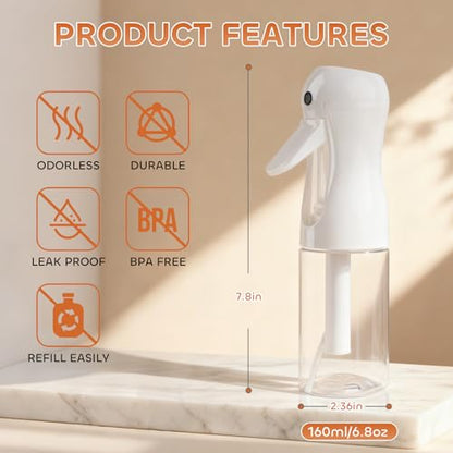 AMOMELA 2Pcs Continuous Spray Bottle For Hair,Ultra Fine Refillable Water Mister for Hair Styling, Plants, Cleaning, Salon, Misting & Skin Care（200ml/6.8oz Clear） (200ML 2PACK) - size: 6.8 Ounces