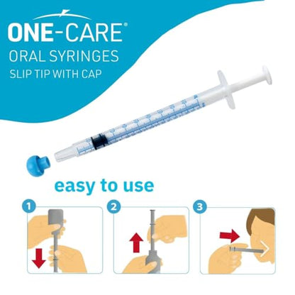 ONE-CARE 1ml Oral Syringe with Cap - Sterile, Individually Wrapped - 100 Dispensers, Slip Tip, Uses include oral administration of medicine for infants, adults and animals - size: 1ml