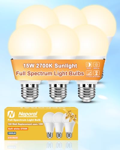 Neporal Full Spectrum Light Bulb 15W LED=100W, 2700K Flicker-Free Warm Light Bulbs, UV-Free & High CRI & Eye-Caring Sunlight Light Bulbs for Human, Home, Office, Plant, E26/E27, 30000H Lifespan, 6PK - color: Soft White, size: 6 Count (Pack of 1)