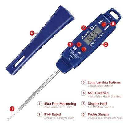 Escali DHP4 Easy Read Waterproof Digital Meat Thermometer with Backlit Display, Ultra Fast 4-Second Readings, Extra-Long Stainless Steel Probe, IPX7 Waterproof, NSF Certified (Rectangle Display)