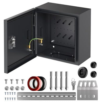 Joinfworld Outdoor Electrical Box 9.8" x 9.8" x 5.9" Weatherproof Electrical Junction Enclosure with Lock Din Rail Cable Gland - size: 9.8"x9.8"x5.9"