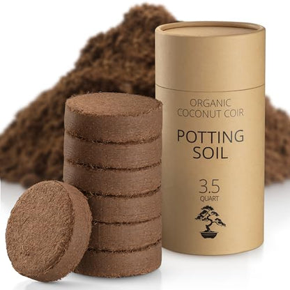Coconut Coir Potting Soil for Indoor Plants - Expands to 3.5 Quart (7.5 lb) | Bonsai Soil Discs Perfect for General Houseplants, Herbs, and Bonsai Trees - Expands with Water - size: 3.5 Quart