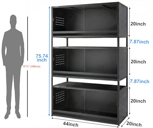 Large PVC Reptile Enclosure 3 Tier 44"x20"x20"with Spacers, 76 Gallon Reptile Terrarium Tank, Space Saving Stackable Reptile Habitat for Bearded Dragon Gecko Snake Lizard, Sliding Glass Doors Lock - size: Three 44x20x20''-76 Gallon with Kit