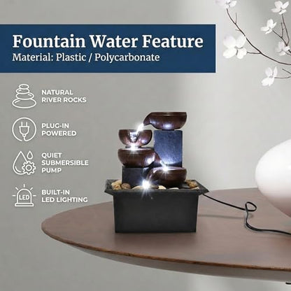 Water Fountains Indoor-Tabletop Water Fountain-Waterfall-Desktop Fountain with Natural River Rocks, Calming Waterfall Sounds for Feng Shui Meditation-Cascading LED Color Lighting