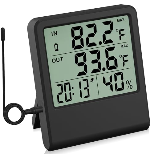 4-in-1 Thermometer Hygrometer with Alarm Clock, Large LCD, 1.5 m Waterproof Probe for Fridge/Greenhouse/Aquarium, 10-Second Refresh, Max/Min, °C/°F, Wall/Desk/Magnetic Mount