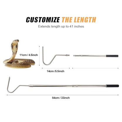 Snake Hook, Stainless Steel Extensible snake grabber tool, 33 inch Sturdy snake Catcher Handling Stick Trap Tool Tong for Herpetologists, Wildlife control personnel, Wranglers, Removal Experts