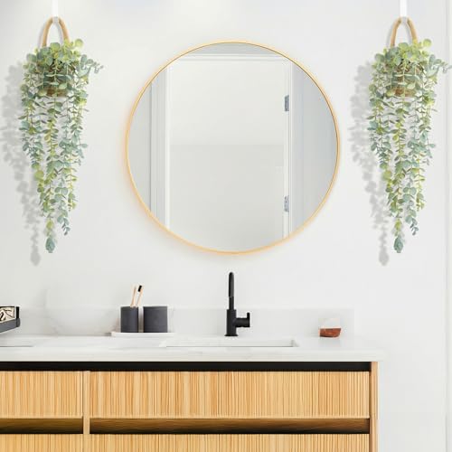 Fake Hanging Plant Decor Indoor, Eucalyptus Artificial Faux Plants in Wall Woven Planters, Jute Hanger with Black Pot Soft Green 2PCS 23Inch Long - size: Jute Hanger-2PCS