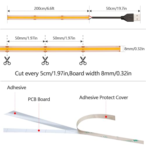 DC 5V USB COB Orange LED Strip Light USB Powered Dimmable IP65 Waterproof 6.6ft/2M 640LEDs with Dimmer High Brightness Flexible LED Tape Lights - color: Orange