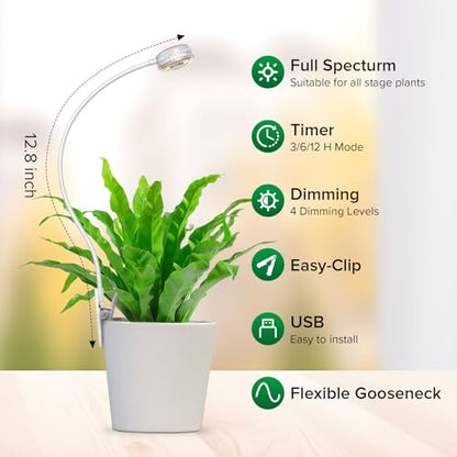 2 Pack Small Grow Lights for Indoor Plants, 10W Total 5W Each Clip-On Plant Lights for Small Pots, 4000K Full Spectrum, Auto On/Off 3/6/12H Timer, 4 Dimmable Levels - size: 2-Pcak