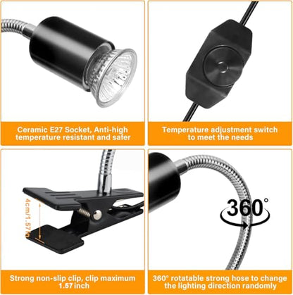 Reptile Heat Lamp UVA/UVB Light with Stepless Dimming, 360 Rotatable Gooseneck Clip-On Heating Lamp for Turtle Tank Bearded Dragon Snake Lizard Tortoise Hermit Crab Includes 25W and 50W Bulbs (Small) - size: Small