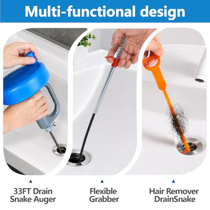 Drain Snake 5Set-33Ft Drain Clog Remover,62inch Heavy Duty Plumbing Snake,20inch Hair Clog Remover,Gloves for Bathtub,Toilet,Sewer,Kitchen Sink,Drainage Pipe(Blue) - style: 5SET Heavy Duty
