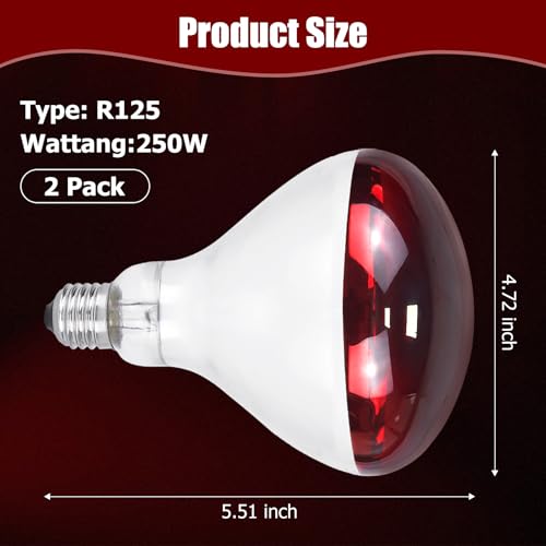 250W Infrared Heat Lamp for Chicken, Red Heat Light Bulb R125 2 Pack, Heat Lamp Bulb for Chick Croop, Reptiles, Pets, Food - size: 2 Piece