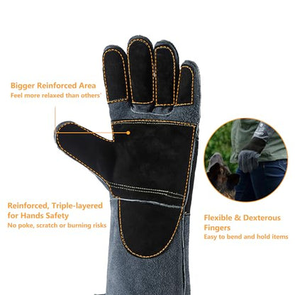 COOLJOB Bite Proof Animal Handling Gloves, Cowhide Leather with Kevlar Stitching for Cat Grooming, Dog Training, 16/22” - color: Blue, 16"
