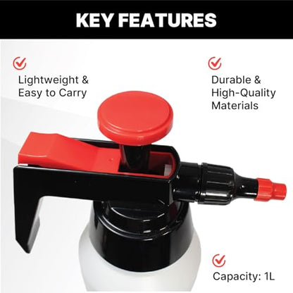 KOTA 1 L Adjustable Hand Pump Pressure Sprayer, Heavy-Duty Multipurpose Bottle for Automotive Solvents, Surface Prep & Car Detailing, Chemical-Resistant PE Construction, Adjustable Spray Pattern 6990 - style: Hand Pump