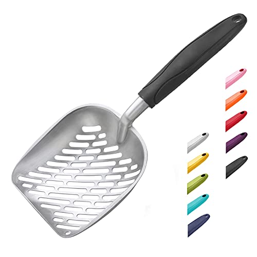 WePet Cat Litter Scoop, Aluminum Alloy Sifter, Kitty Metal Scooper, Deep Shovel with Diagonal Sifting Hole, Long Handle, Kitten Poop Lifter for Litter Box, Large Size, Black Handle - color: #06 Black, size: Large
