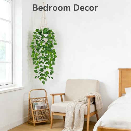 USLAI Fake Hanging Plant, Artificial Pothos Vines Greenery with Pot and Macrame Plant Hanger for Indoor Outdoor Boho Decor - size: 1 Pack