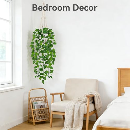 USLAI Fake Hanging Plant, Artificial Pothos Vines Greenery with Pot and Macrame Plant Hanger for Indoor Outdoor Boho Decor - size: 2 Pack