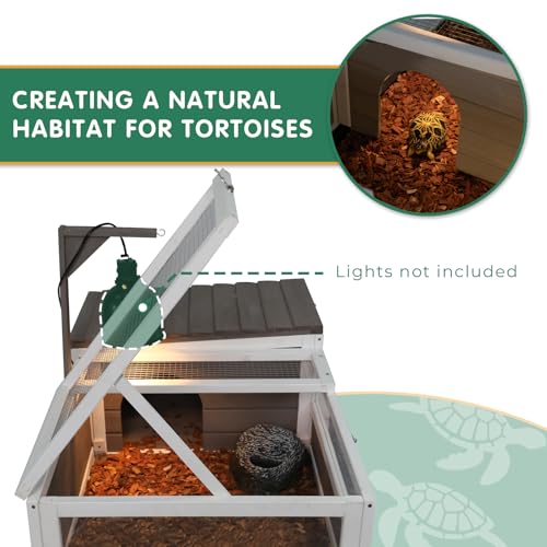 Tortoise Habitat Tank Indoor Outdoor, Wooden Tortoise House with Wheels, 2-Room Reptile Turtle Enclosure Cage for Small Animals, Lamp Holder, Leakproof Tray, Grey - size: 39.0"L x 23.0"W x 14.0"H