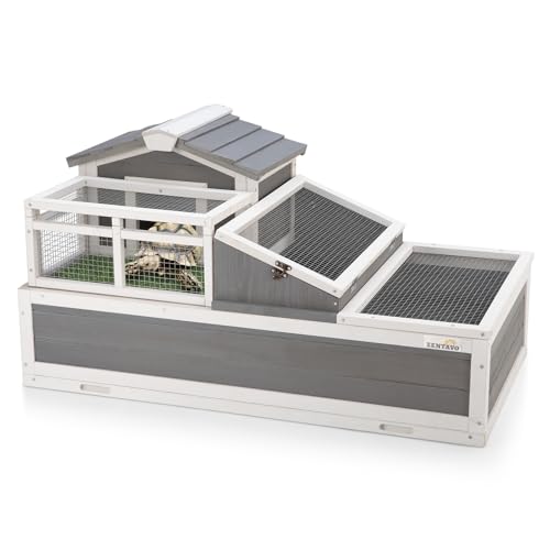 3-Room Large Tortoise Habitat with Pull-Out Tray, Wooden Reptile Enclosure Indoor & Outdoor with Ramp, Grass Mat, Openable Roof, Reptile Cage for Small Animals, Luxurious Tortoise House Villa, Gray - color: Gray