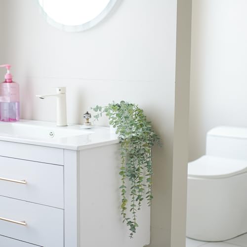 Faux Ivy Eucalyptus Vine Fake Hanging Plants in White Pot, Medium | Decorative Hanging Plants, Fake Greenery, For Shelf - size: Medium